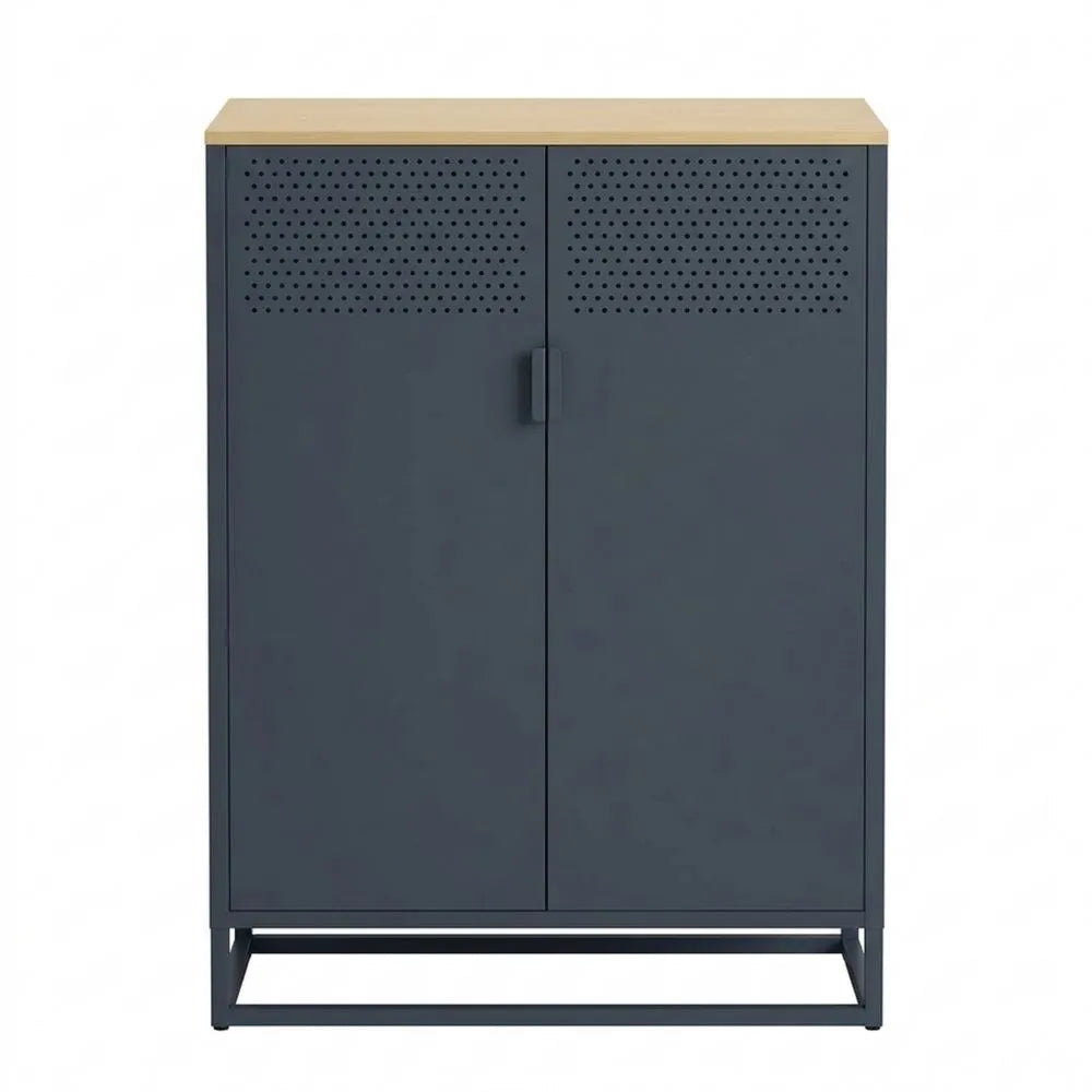 Metall-Kommode mit Holzboden, Wohnzimmer Sideboard, 2 Fächer und Doppeltüren, anthrazit, 80 cm