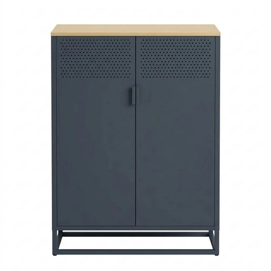Metall-Kommode mit Holzboden, Wohnzimmer Sideboard, 2 Fächer und Doppeltüren, anthrazit, 80 cm